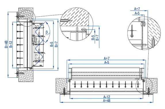Монтаж решетки с КРВ-1 в стенной проем с помощью винтового соединения (отверстие ф3,5 мм)